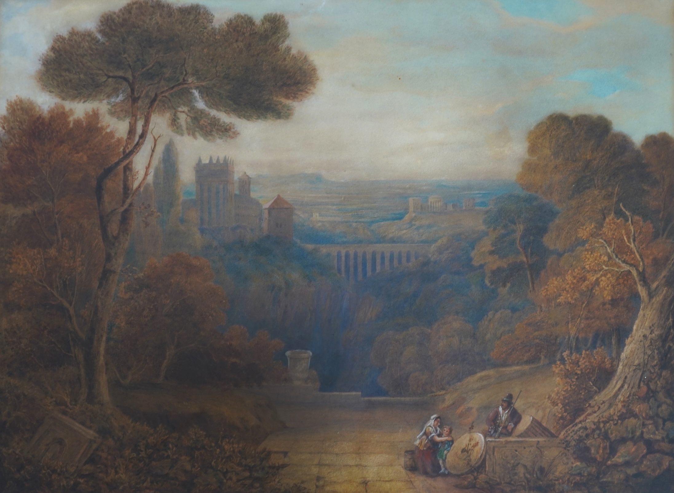 After Claude (1604/5?-1682), Classical landscape with building and a family of three on a footpath, watercolour, 43 x 58cm